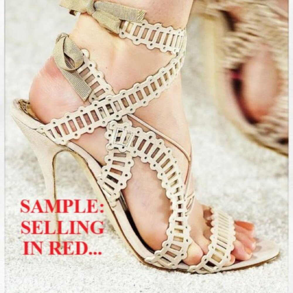 Marchesa Red Laser Cut Design Open Toe Ribbon Tie Back Heels 6.5M